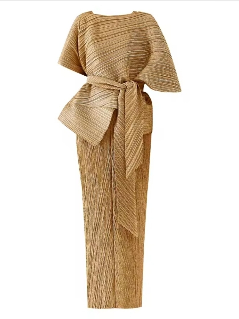 Miyake Elegant Gold Pleated Belted Midi Dress With Cape and Tie